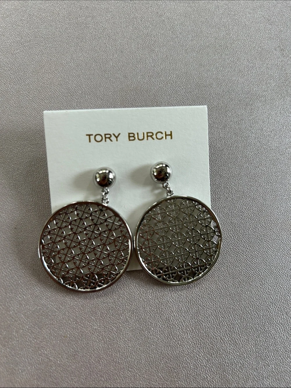 Tory Burch Polished Silver Round Filigree Drop Earrings